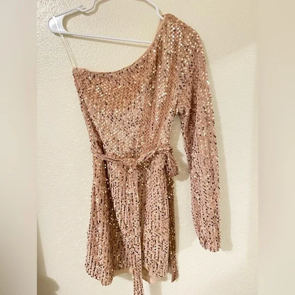 one shoulder rose gold dress Shine Bright One Shoulder Sequin Gown Rose Gold / XSmall